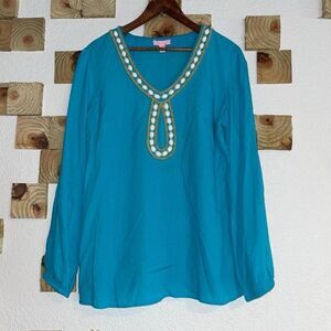 Lilly Pulitzer Violet Tunic Top Women Small Cyan Embellished Beading Long Sleeve